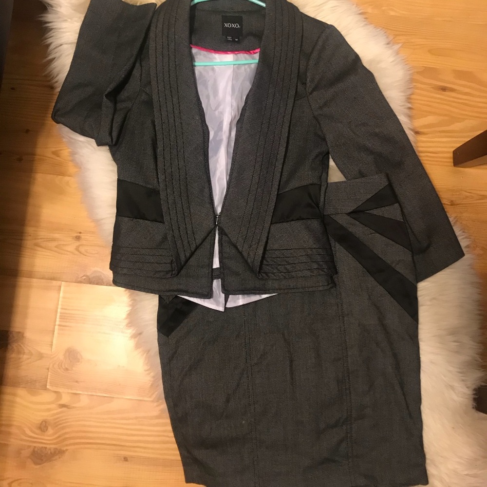 Dark grey blazer with black satin panel accents